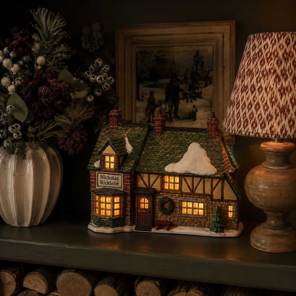 Vintage Lighted Christmas Village Cottage Nicholas Nickleby House w Box & Cord